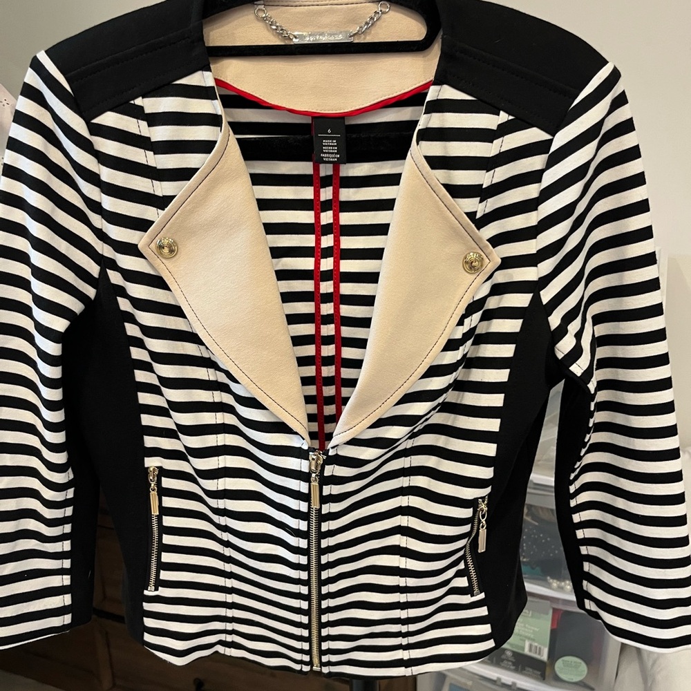 Black and White Striped Blazer with Cream Lapel